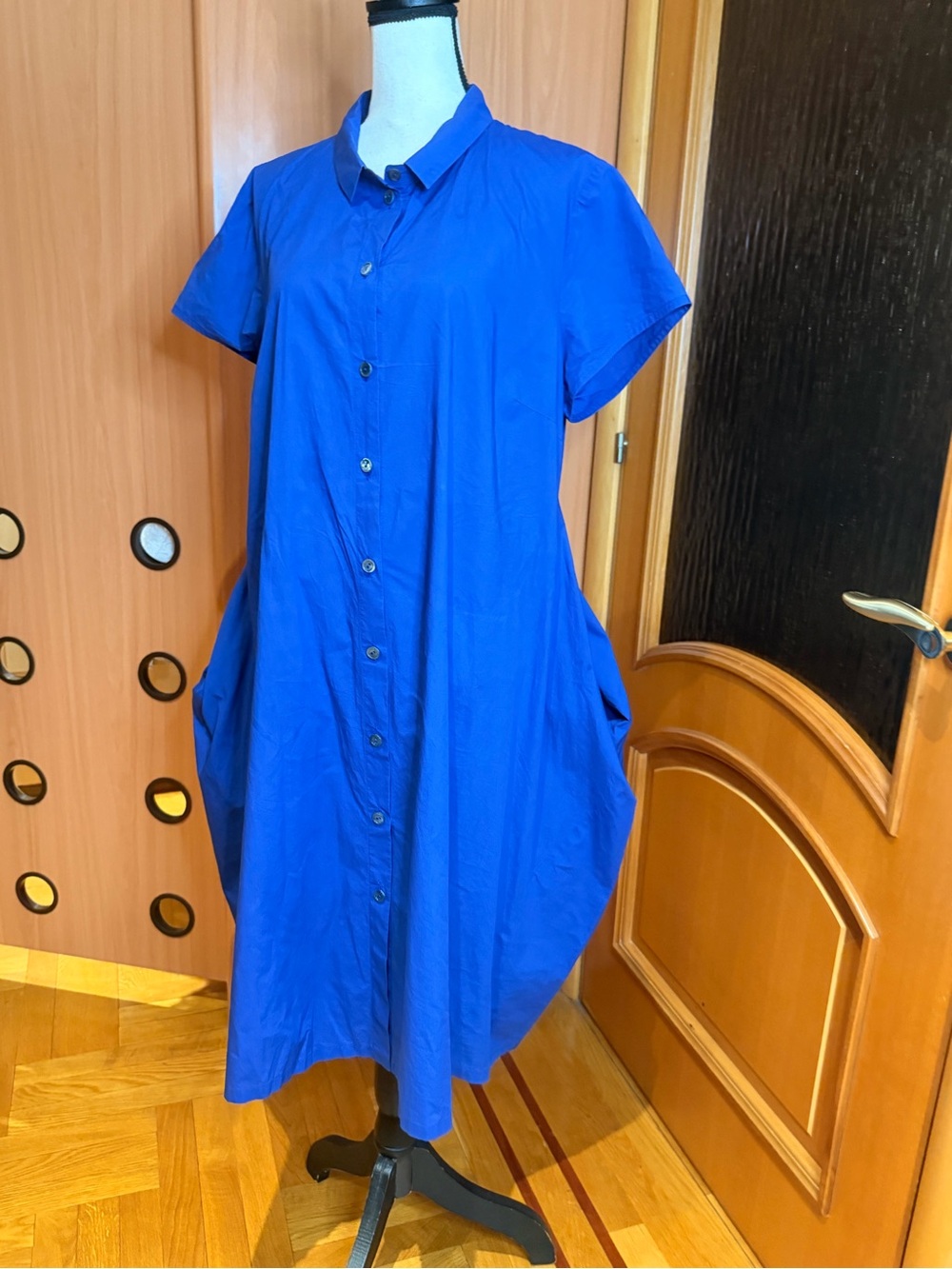 Blue Button-Front Midi Shirt Dress - Casual Women's Dress - 100% cotton